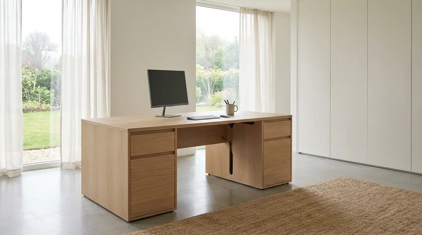 Wide, photorealistic shot of a modern, minimalist home office workspace optimized for focus.