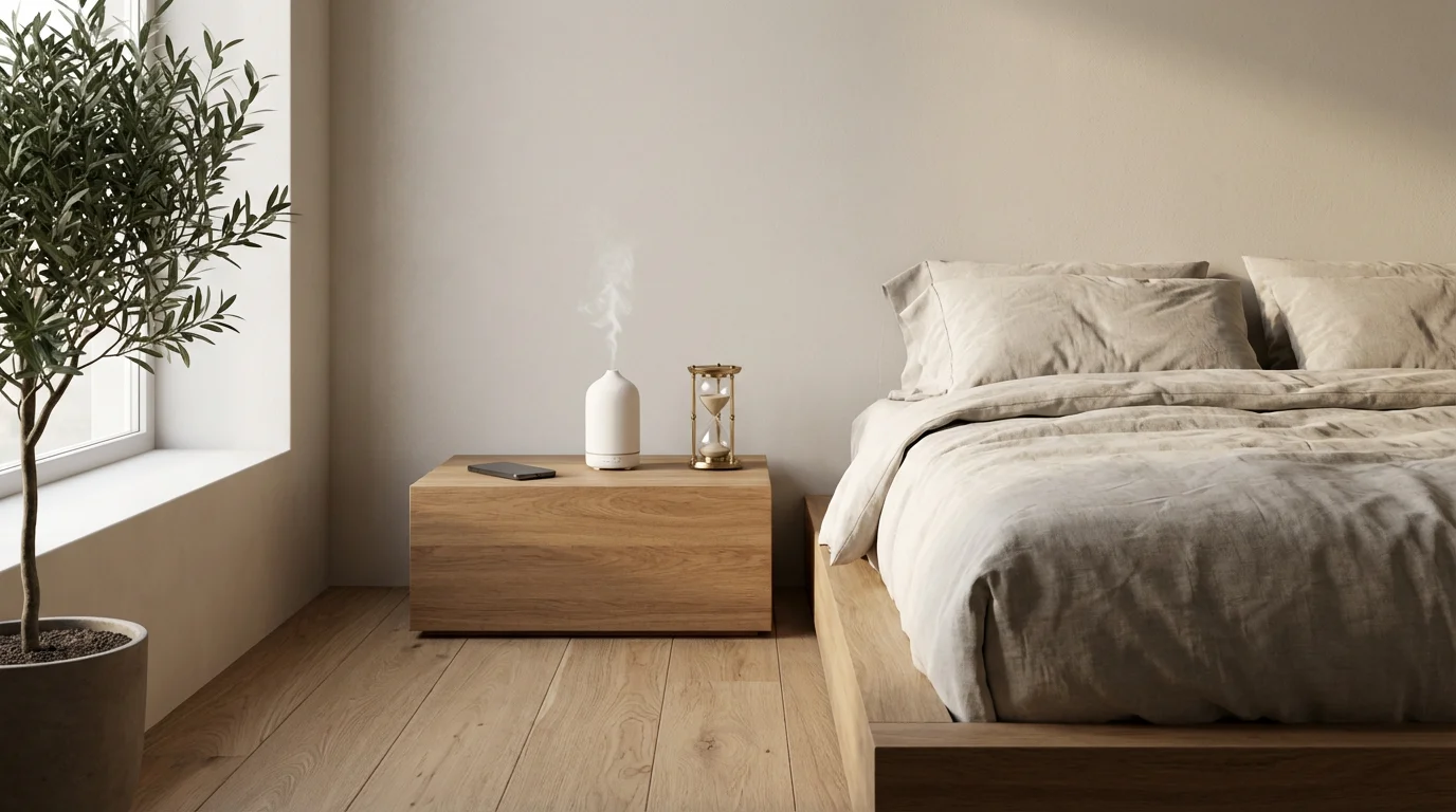 Wide shot of a bedroom table with a face-down smartphone, hourglass, and diffuser for digital detox.