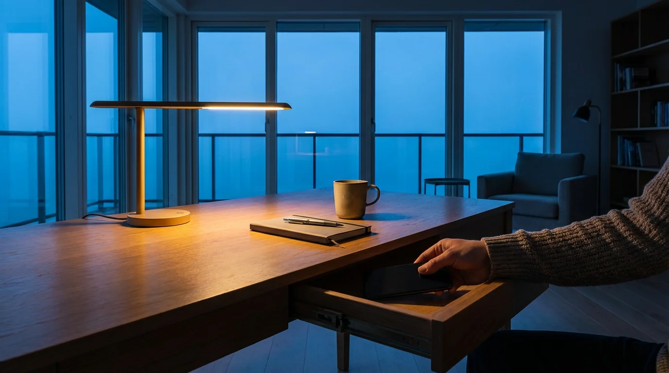 Wide shot of a blue hour home office with a clean desk, symbolizing deep work concentration.