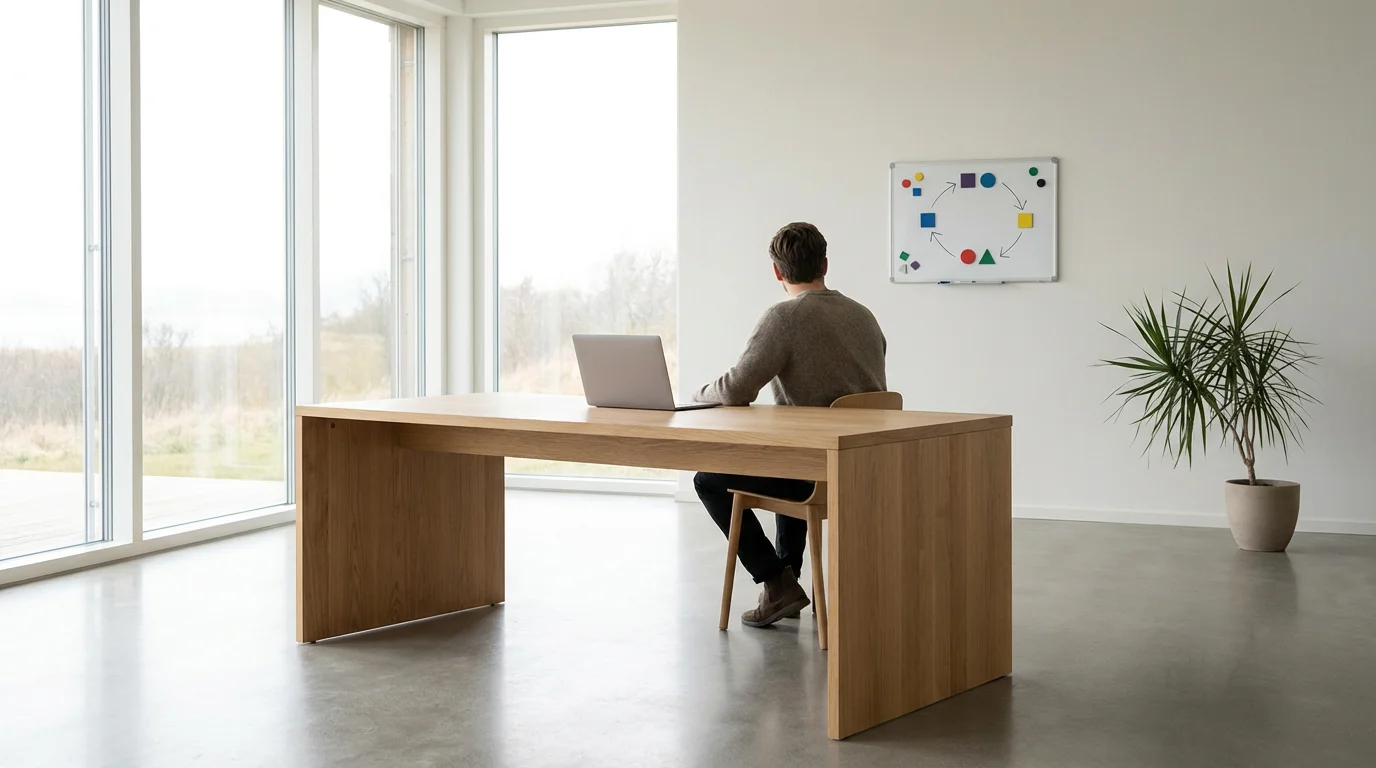 Wide shot of a bright office desk with a person reviewing an iterative system on a whiteboard.