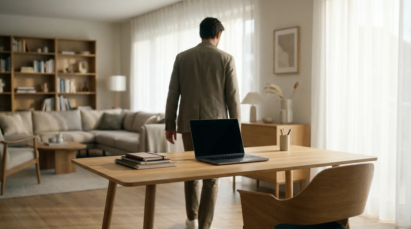 Wide shot of a clean, closed workspace and a person walking away, performing a shutdown ritual.