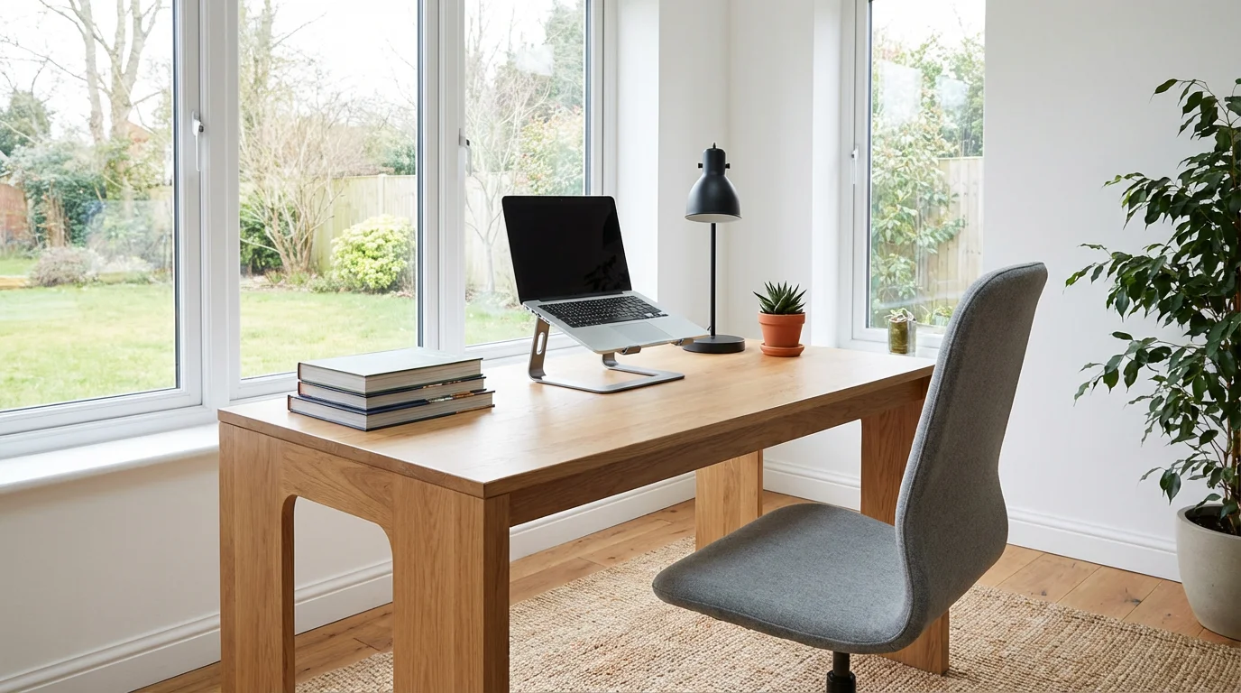 Wide shot of a clean, highly organized wooden desk in a bright, modern home office setting.
