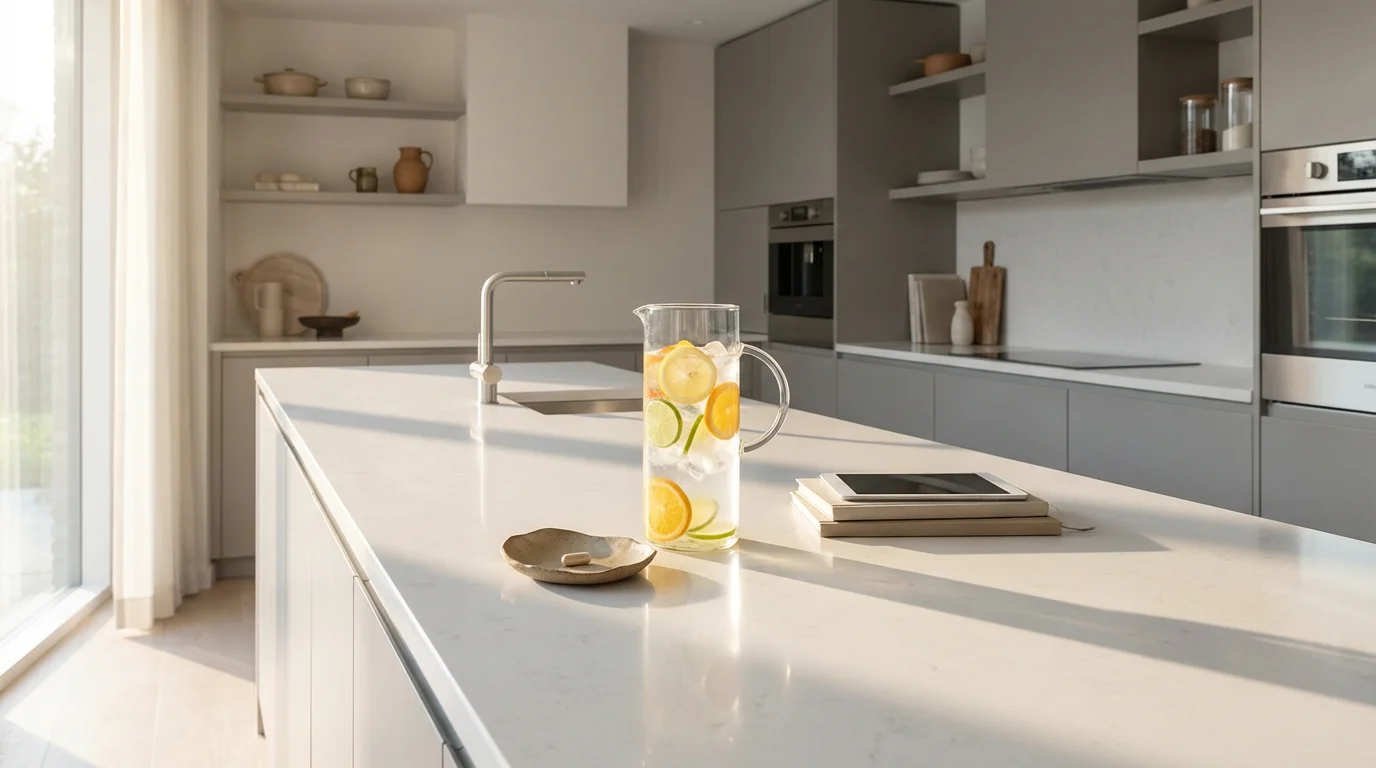 Wide shot of a clean kitchen counter optimized with water and vitamins for easy habit formation.
