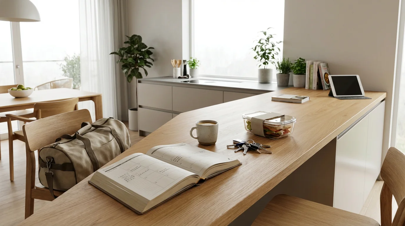 Wide shot of a clean kitchen counter showing a planner, coffee, and keys under bright overcast light.