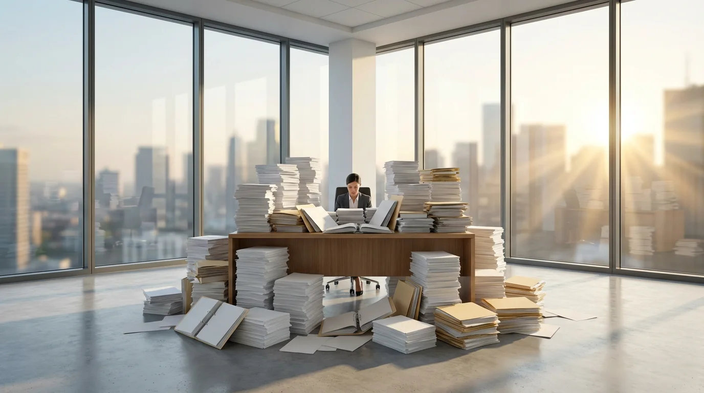Wide shot of a cluttered office desk piled high with paperwork symbolizing over-commitment.