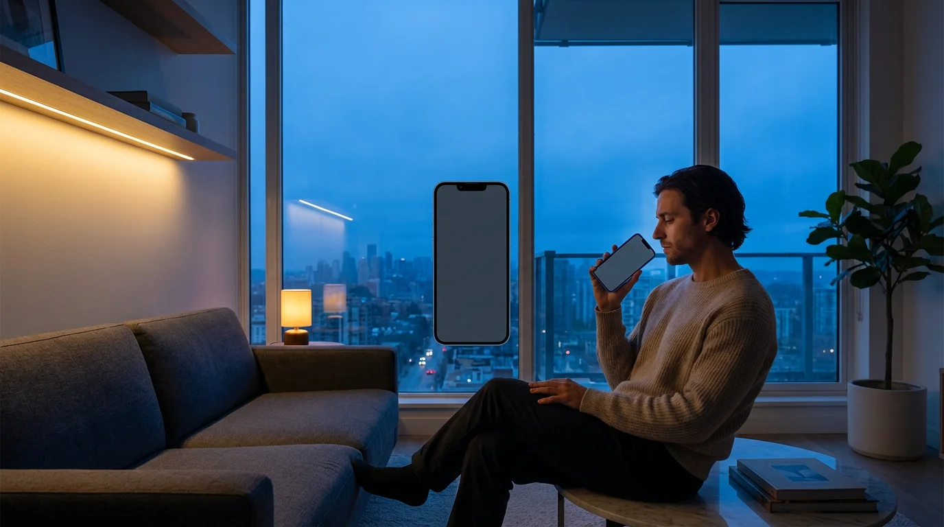 Wide shot of a contemplative person sitting on a sofa viewing a phone screen with a grayed-out app timer.