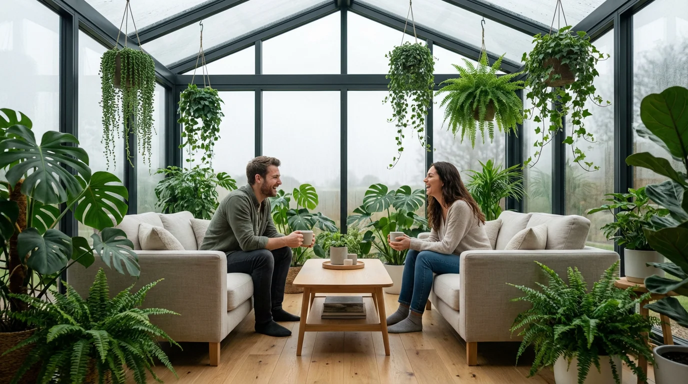 Wide shot of a couple talking in a bright sunroom surrounded by plants without phones.