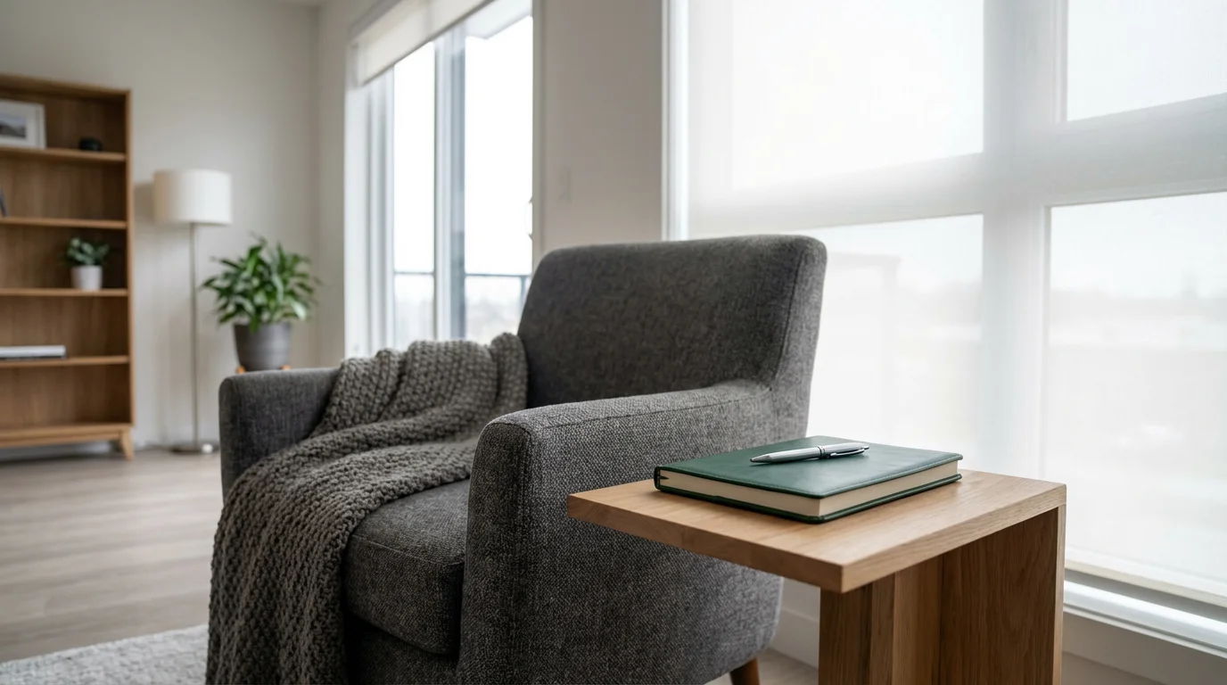 Wide shot of a cozy corner with a closed journal, symbolizing habit architecture.