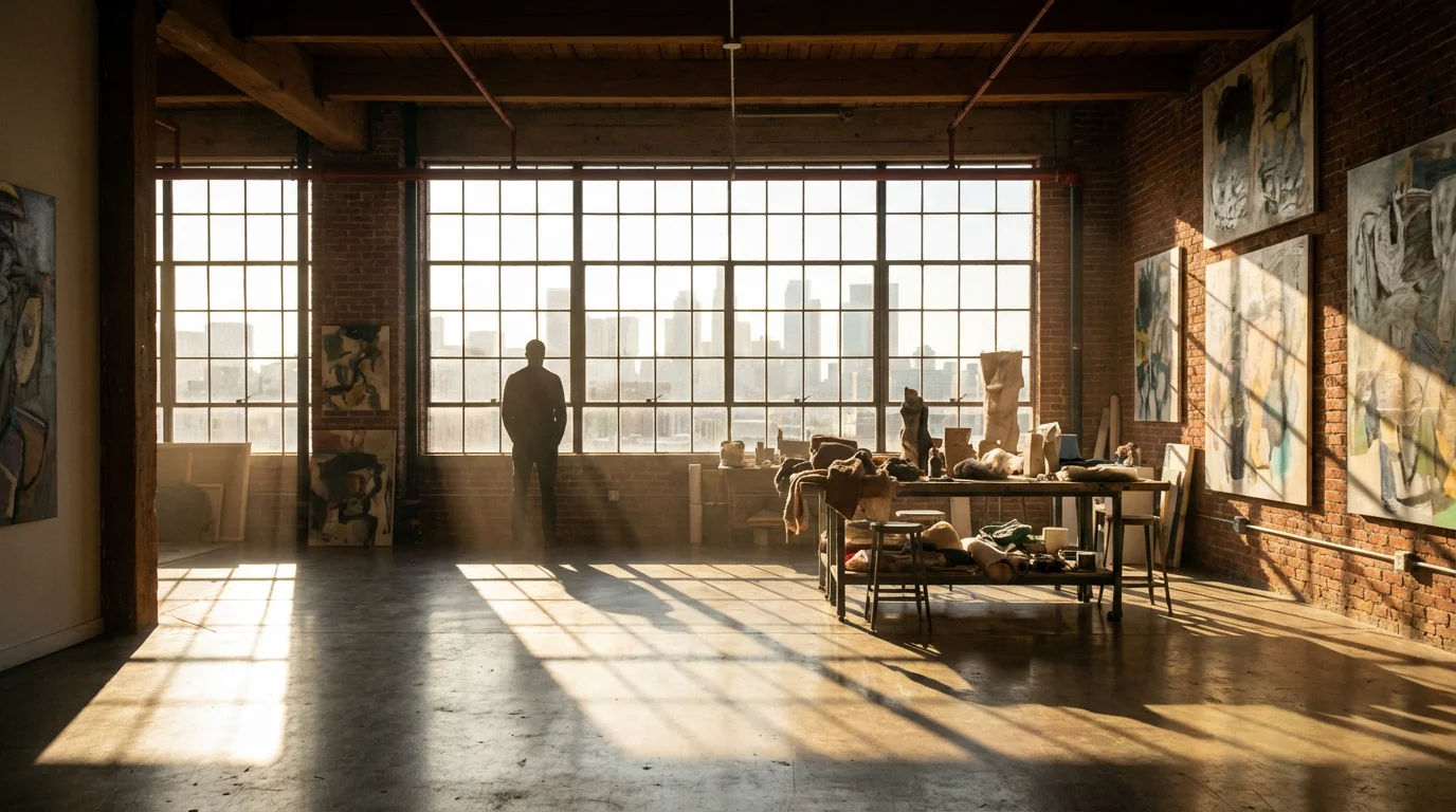 Wide shot of a creative professional standing in a sunlit industrial studio loft.