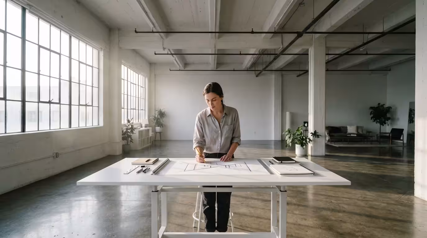 Wide shot of a designer focusing on work in a sunlit minimalist studio.