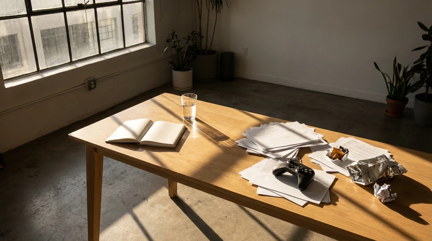 Wide shot of a desk where a clean journal is overshadowed by clutter and conflicting distraction cues.