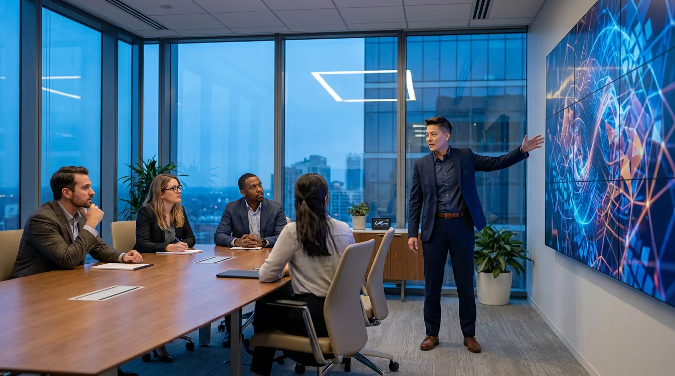 Wide shot of a facilitator actively managing a structured meeting agenda on a text-free screen during blue hour.
