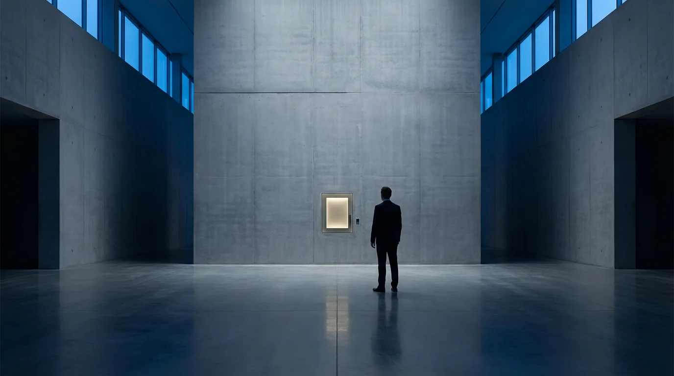 Wide shot of a figure accessing a small glowing digital access panel in a vast, secure data center lobby.
