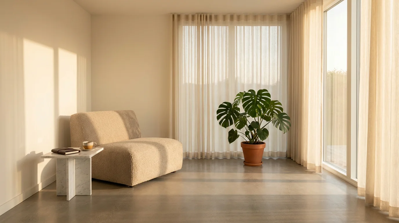 Wide shot of a minimalist home corner bathed in golden hour light, representing focus and clarity.