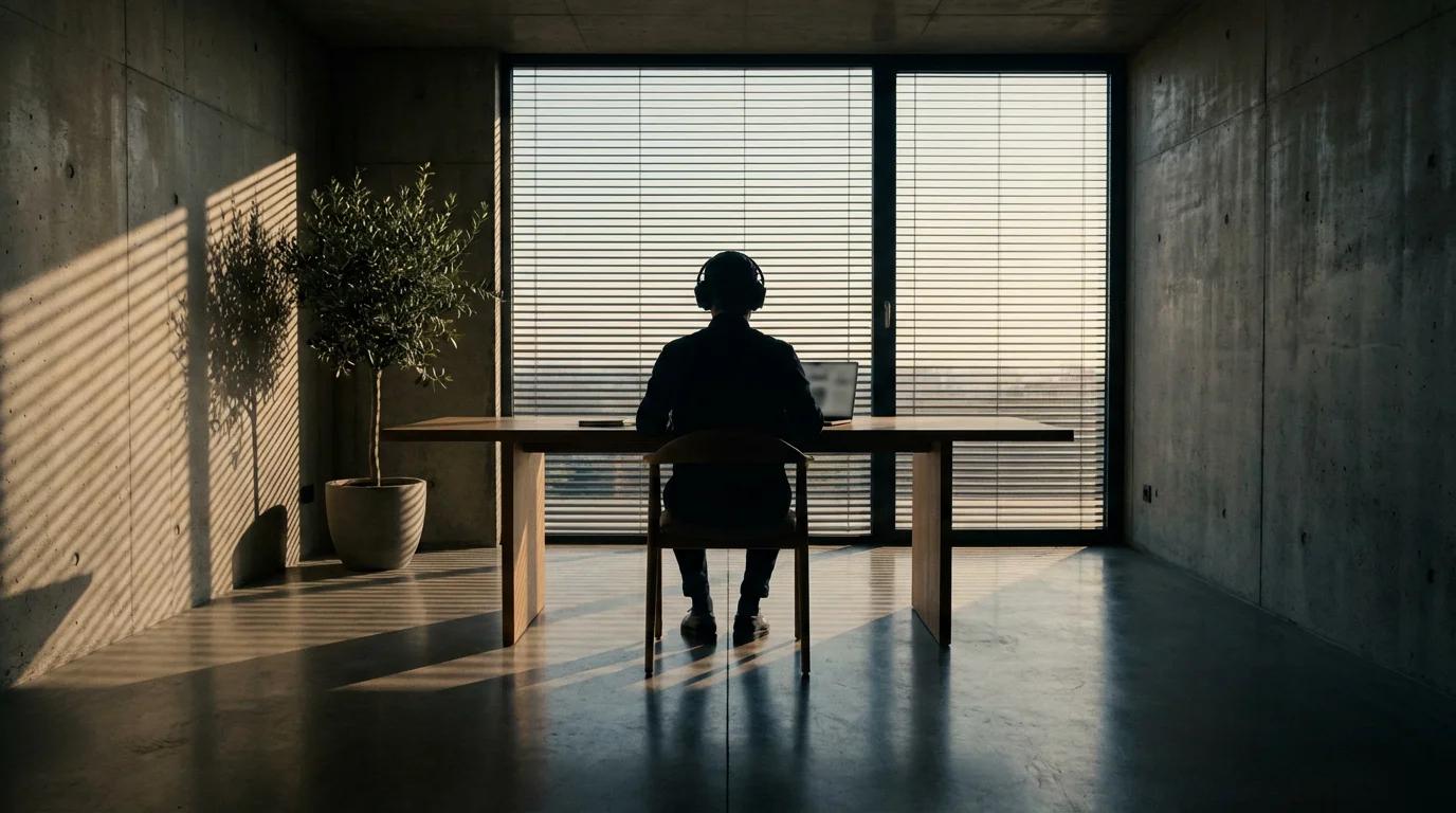 Wide shot of a minimalist home office with a person working in moody afternoon lighting.