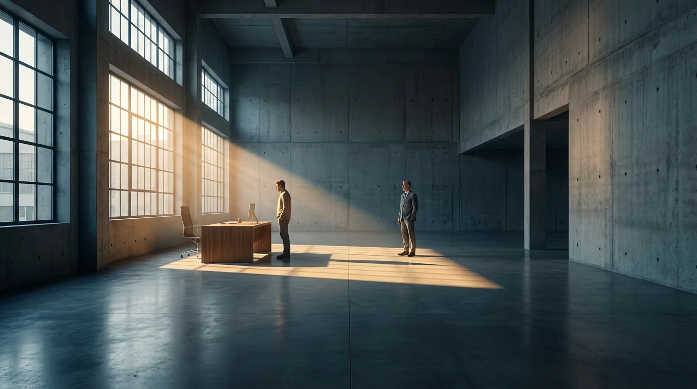 Wide shot of a minimalist office with dramatic afternoon shadows highlighting a single desk.