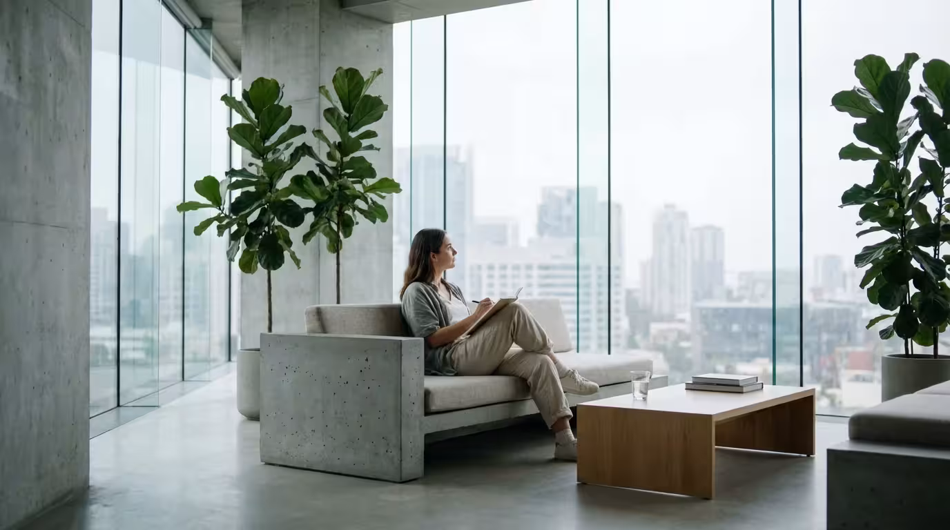 Wide shot of a modern creative lounge with a professional working near large windows.