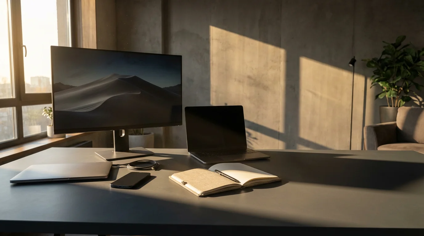 Wide shot of a modern home office desk with devices and a notebook, illuminated by dramatic afternoon shadows.