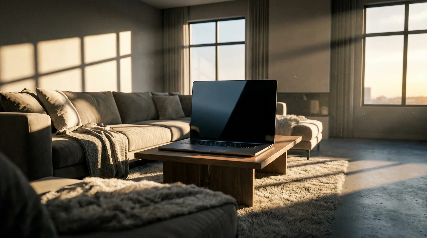 Wide shot of a modern living room with a laptop sitting in dramatic afternoon shadows.
