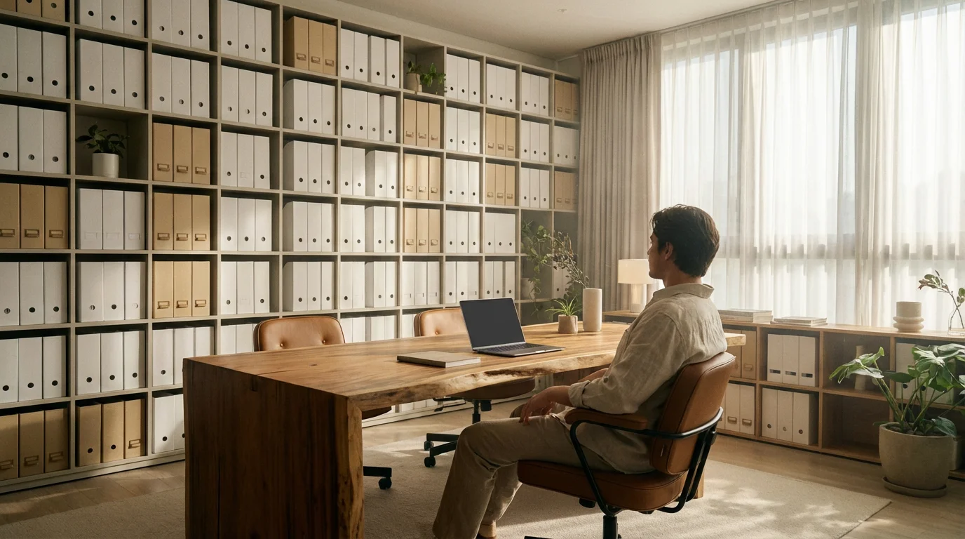 Wide shot of a modern minimalist office with organized shelving representing email templates and productivity.
