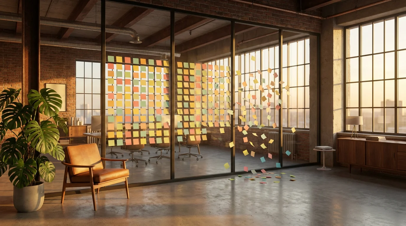 Wide shot of a modern office with a half-finished sticky note wall at sunset.