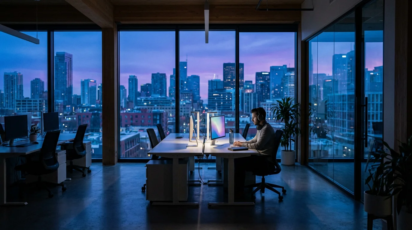 Wide shot of a modern open office at night with one person working focused.