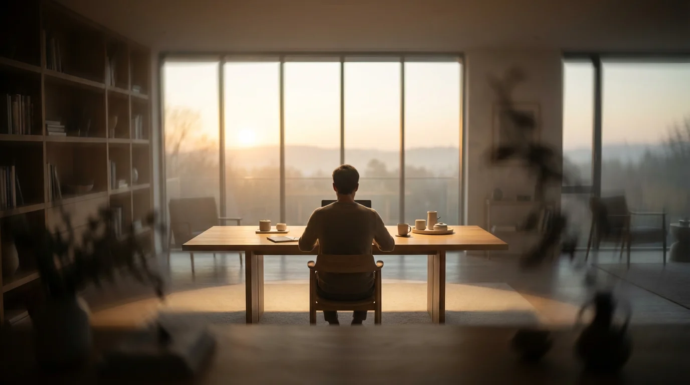 Wide shot of a peaceful, focused desk environment contrasting with a chaotic, hazy background.