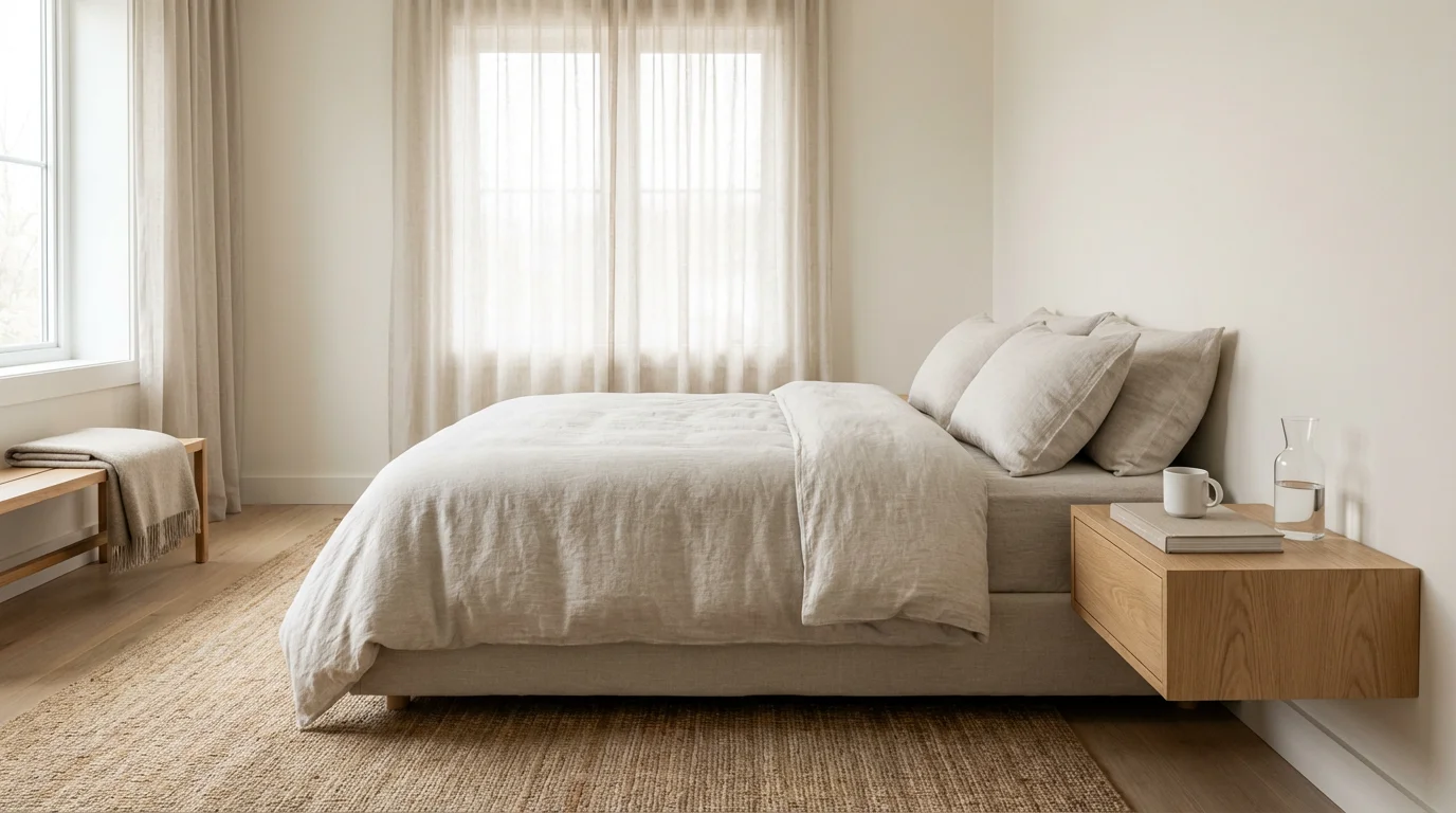 Wide shot of a peaceful, minimalist bedroom with an uncluttered nightstand in soft morning light.