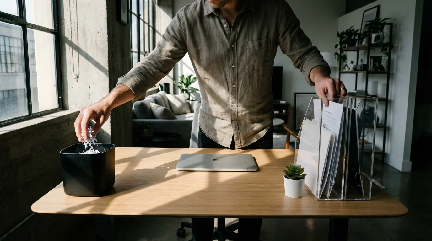 Wide shot of a person efficiently organizing mail in a productive, shadow-filled home office corner.