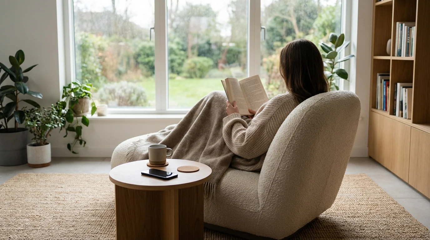 Wide shot of a person focused on reading a book in a sunlit chair next to a face-down smartphone.