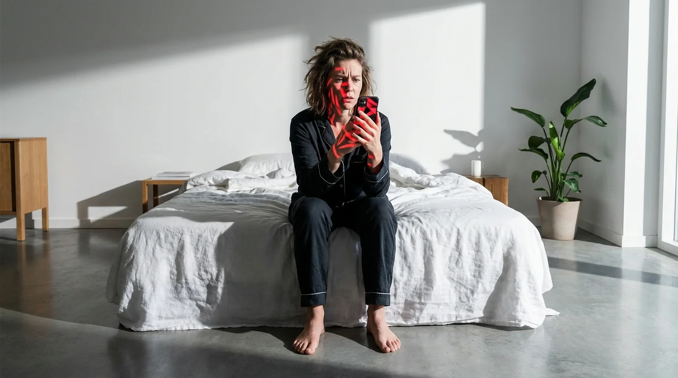 Wide shot of a person in bed reacting with panic to a data breach notification displayed on a phone screen.