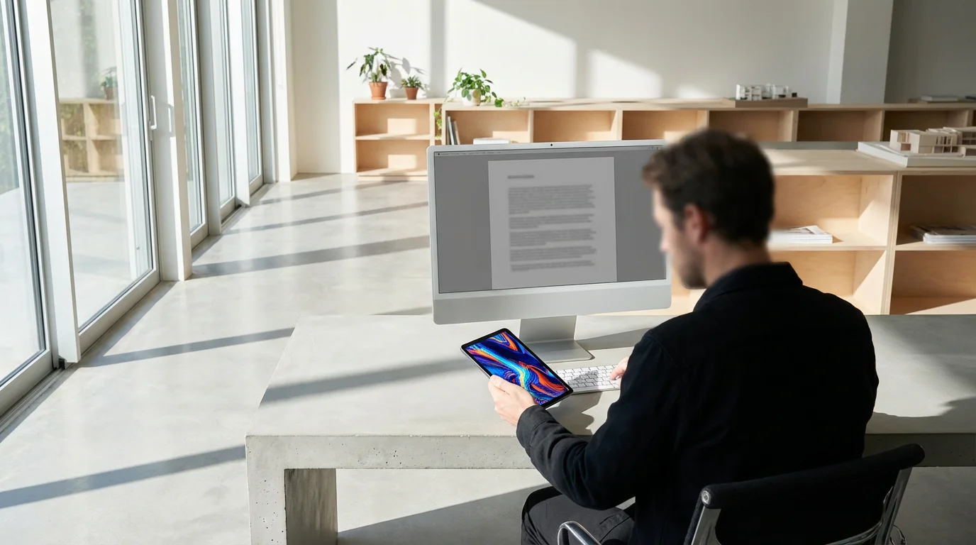 Wide shot of a person momentarily distracted from their primary work by a captivating image on a small mobile device.