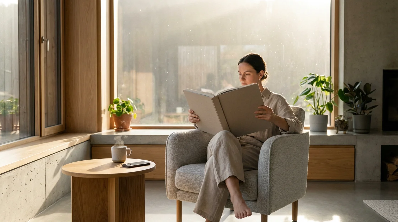 Wide shot of a person reading a book peacefully in a sunlit nook, phone set screen-down.