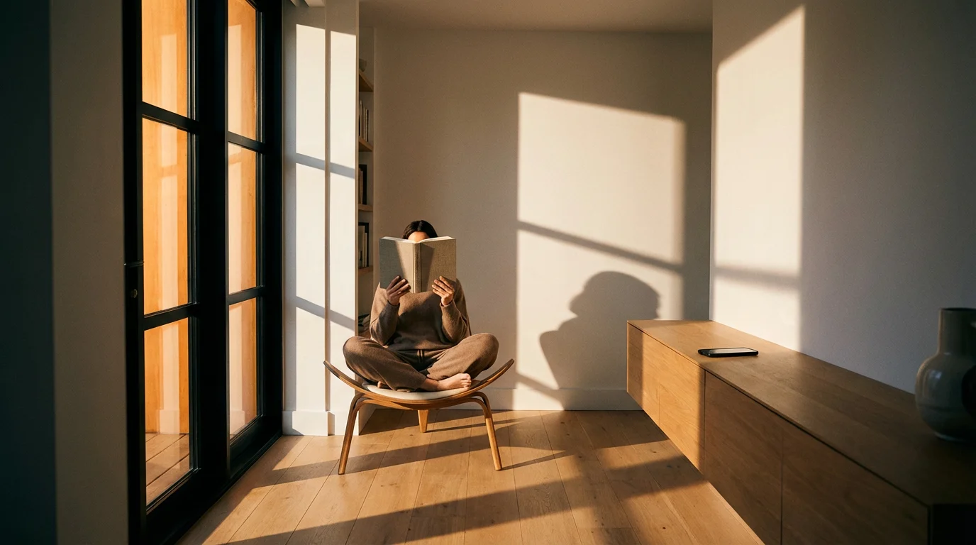 Wide shot of a person reading a book while a smartphone rests far away, emphasizing intentional focus.