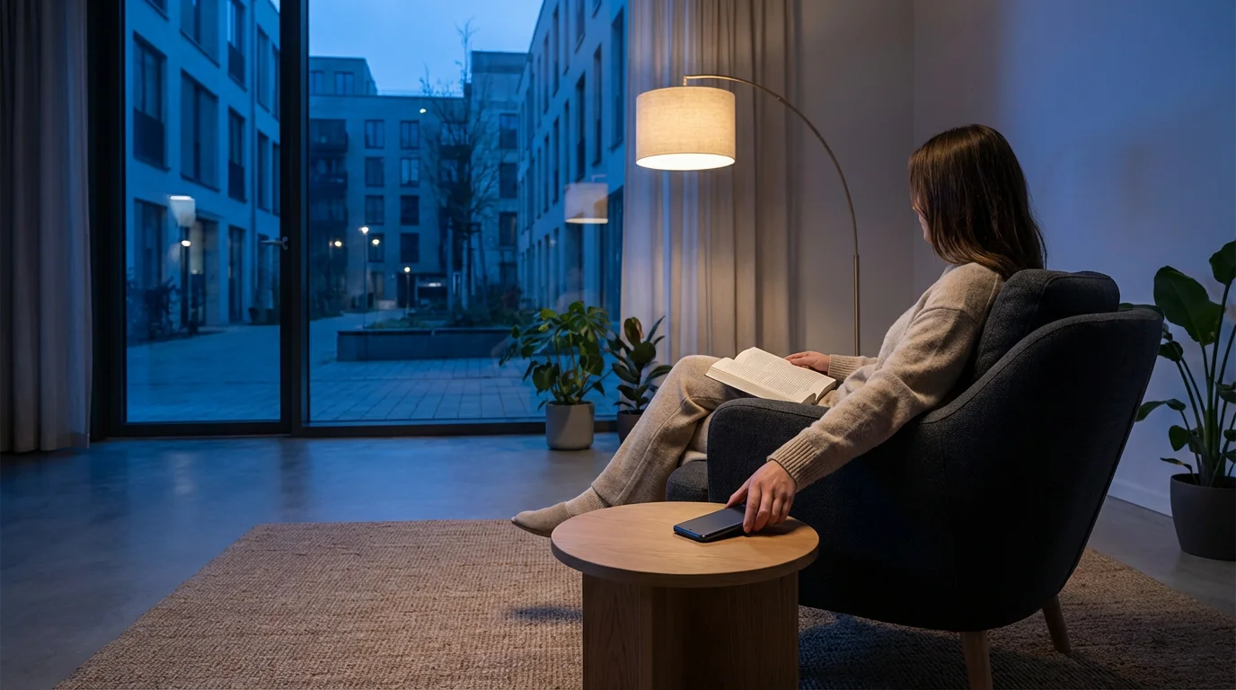 Wide shot of a person setting their smartphone face-down on a table in a blue hour lit room.