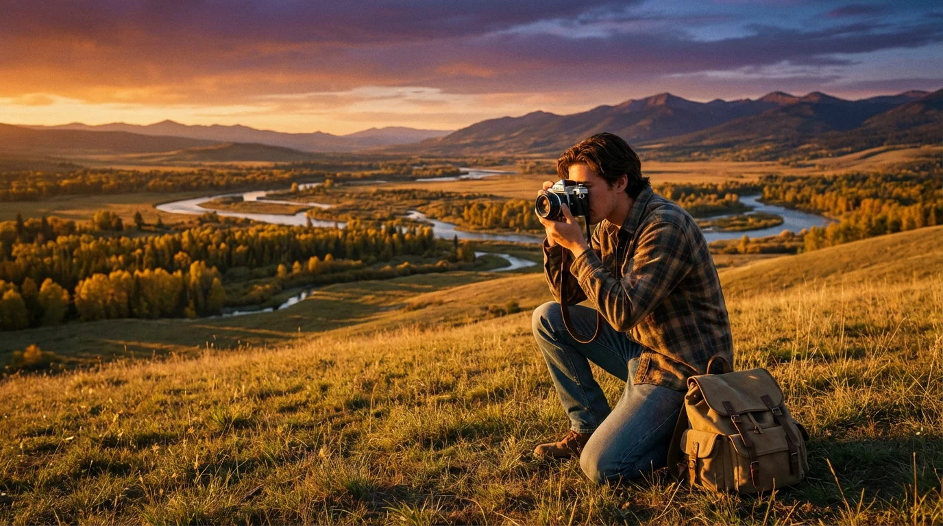 Wide shot of a person using a film camera outdoors during golden hour, emphasizing real life.