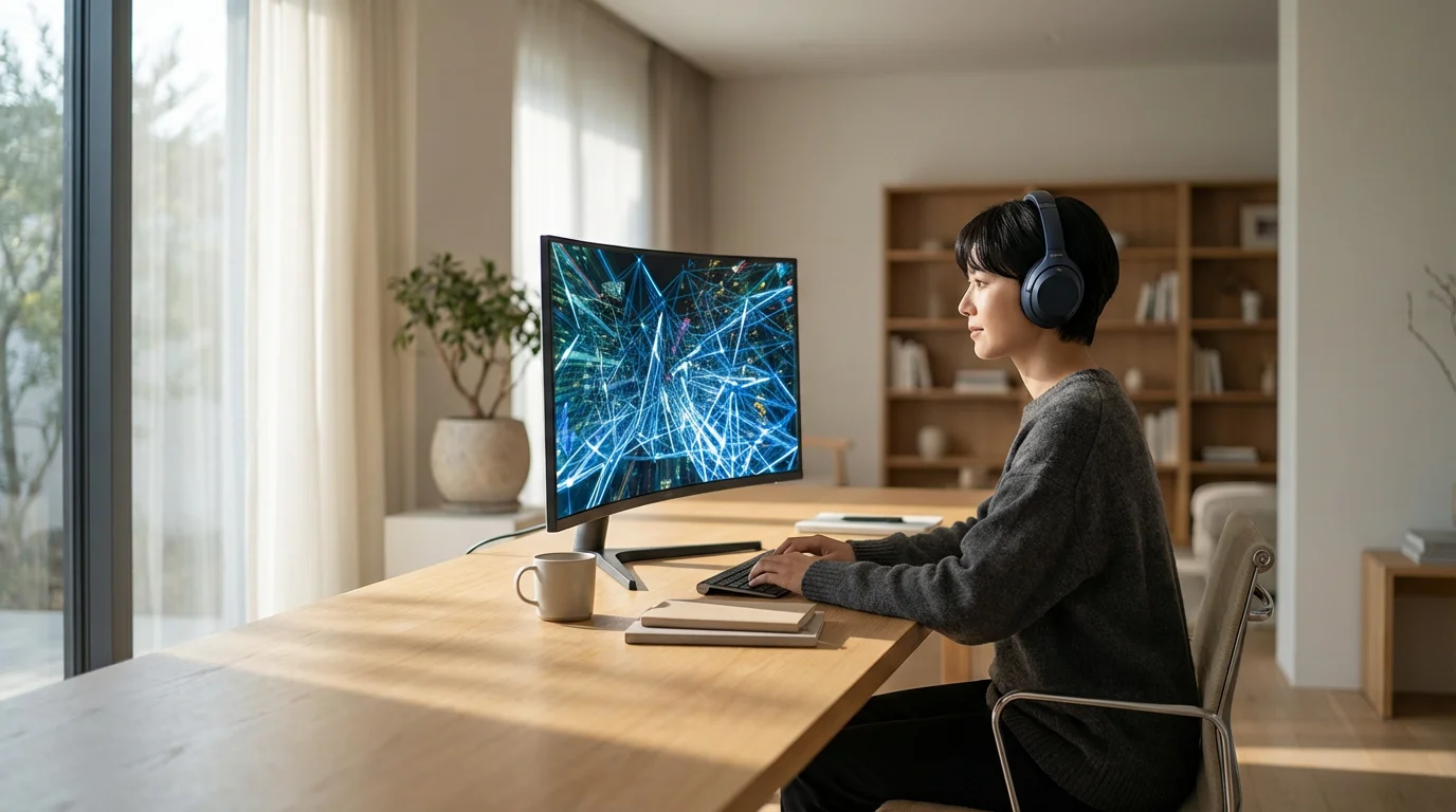Wide shot of a person with headphones focusing on a computer screen in a bright, minimalist home office.