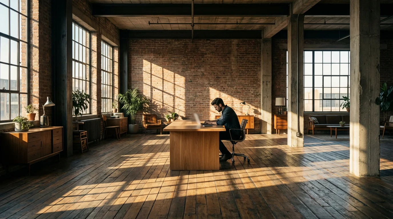 Wide shot of a person working in a moody sunlit office with dramatic shadows.