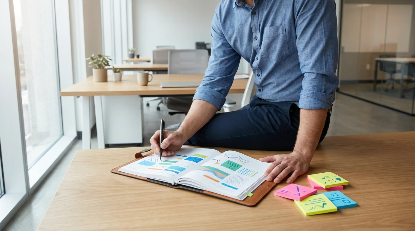 Wide shot of a professional conducting a weekly review using a large notebook and planning tools.