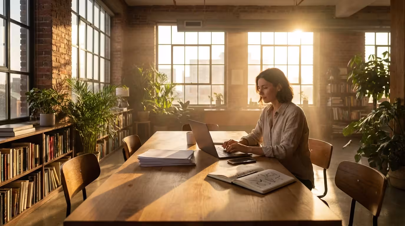 Wide shot of a professional consolidating tasks from papers and devices in a sunlit office.
