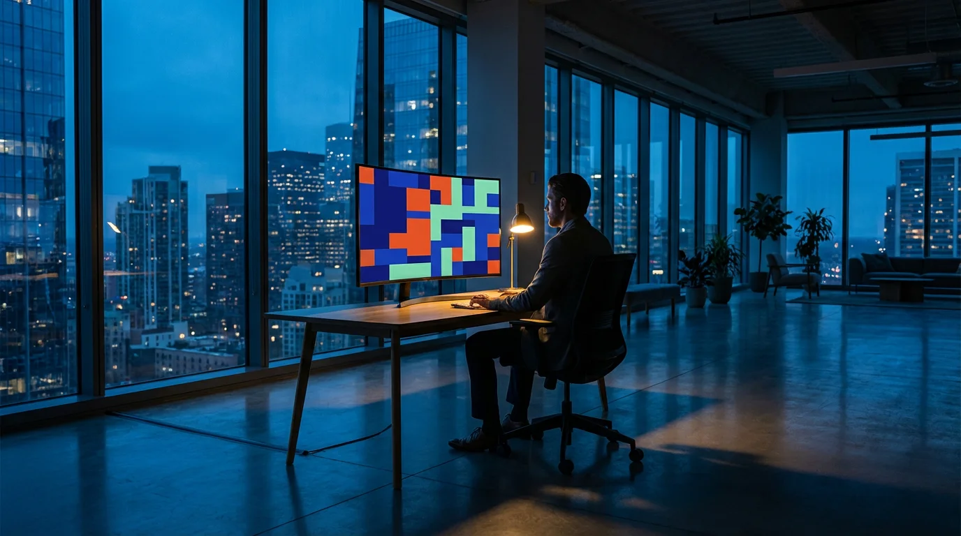 Wide shot of a professional executing a digital calendar schedule in a high-rise office during blue hour.