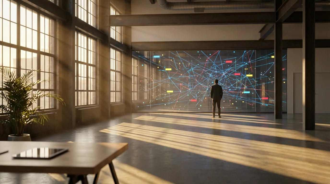 Wide shot of a professional strategizing on a glass wall in a sunlit modern office.
