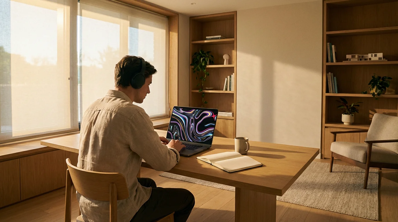 Wide shot of a professional studying coding on a laptop in a sunlit, clean home office.