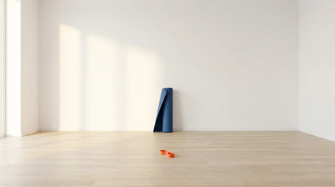 Wide shot of a small orange resistance band isolated on a clean floor in front of a yoga mat.