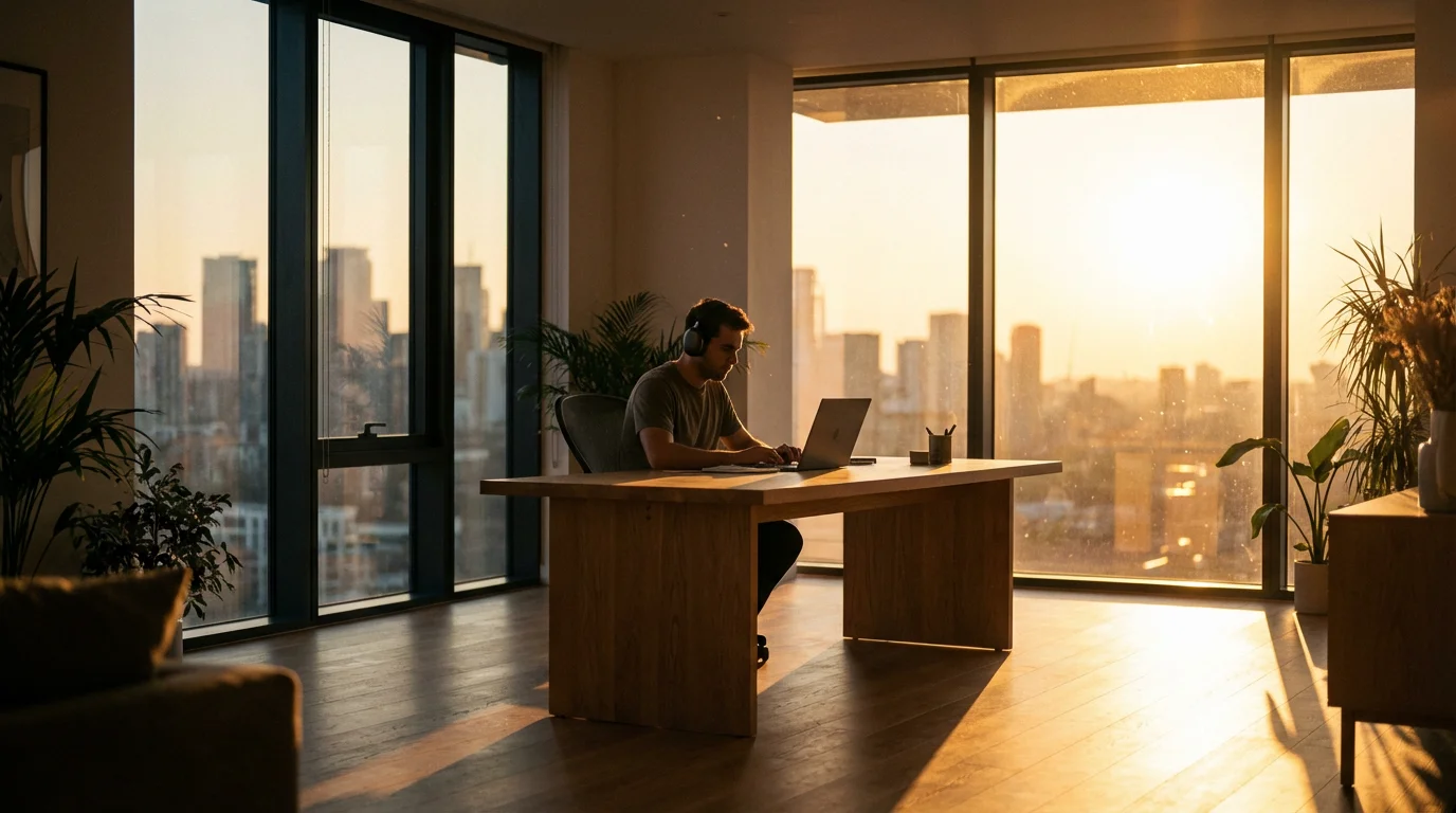 Wide shot of a sunlit modern home office with a focused professional working.