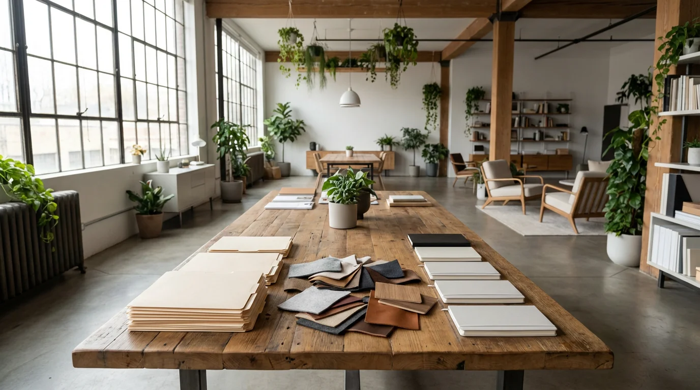 Wide shot of a sunlit office with work materials sorted into neat, distinct piles on a table