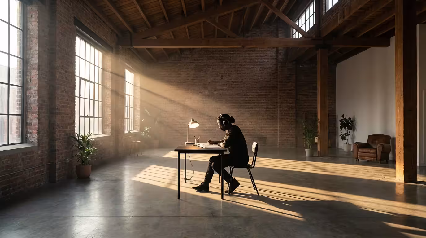 Wide shot of creative working in a dark loft studio with dramatic afternoon shadows.