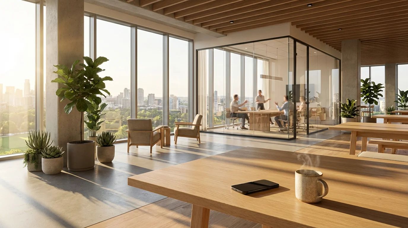 Wide shot of modern open office with glass meeting room and morning sunlight.