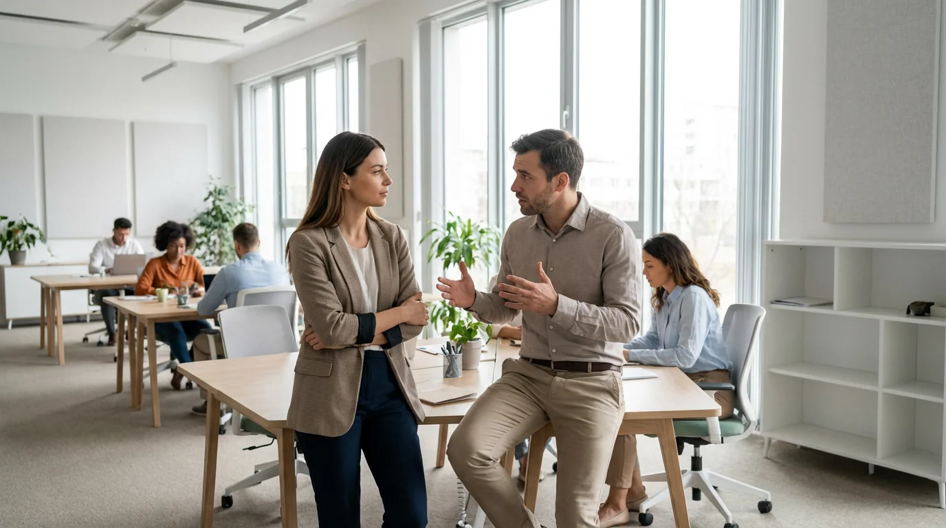 Wide shot of two professionals managing an urgent workplace interruption in a bright, modern office.