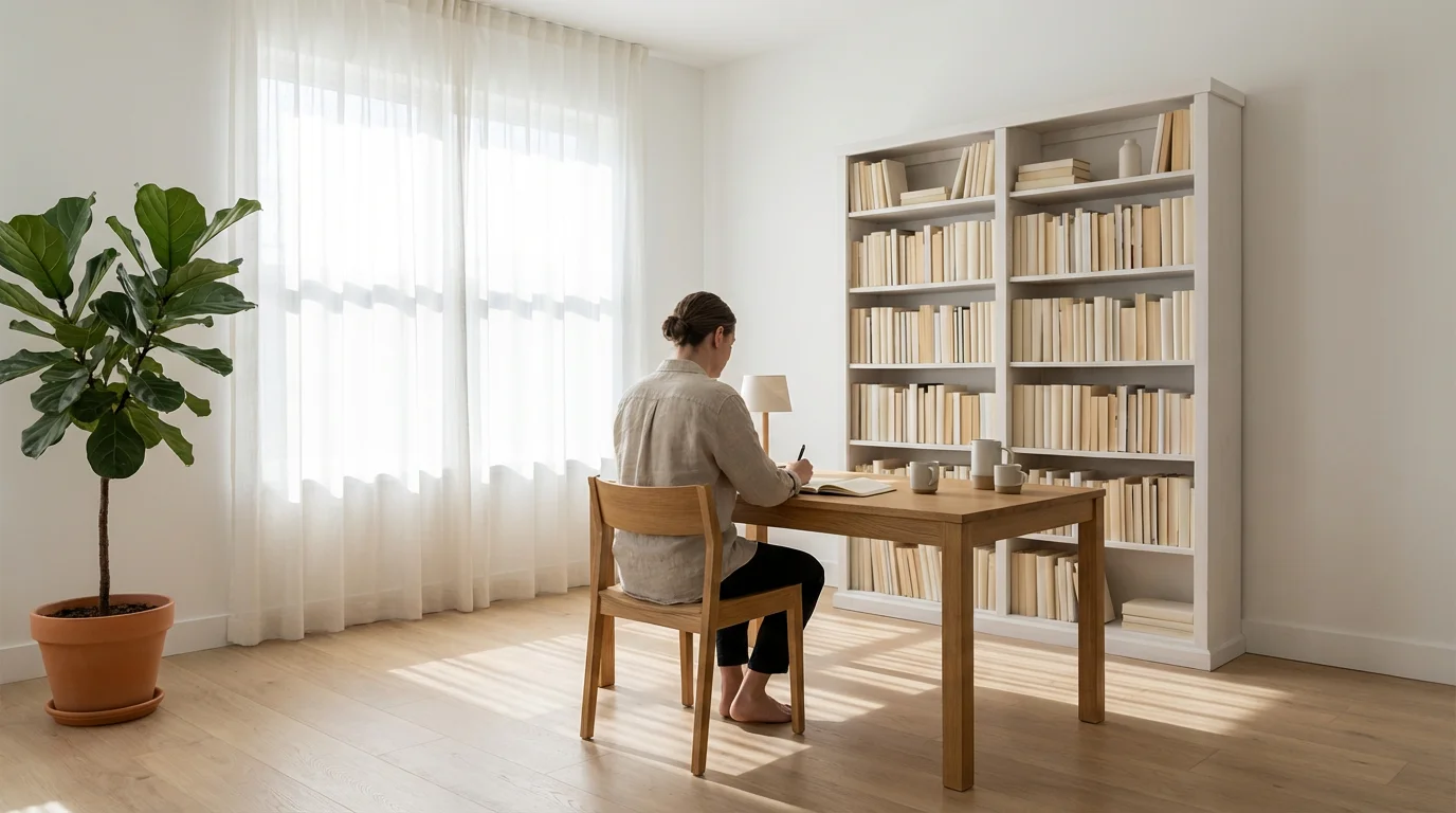 Wide view of a calm minimalist workspace with a person focusing in natural light